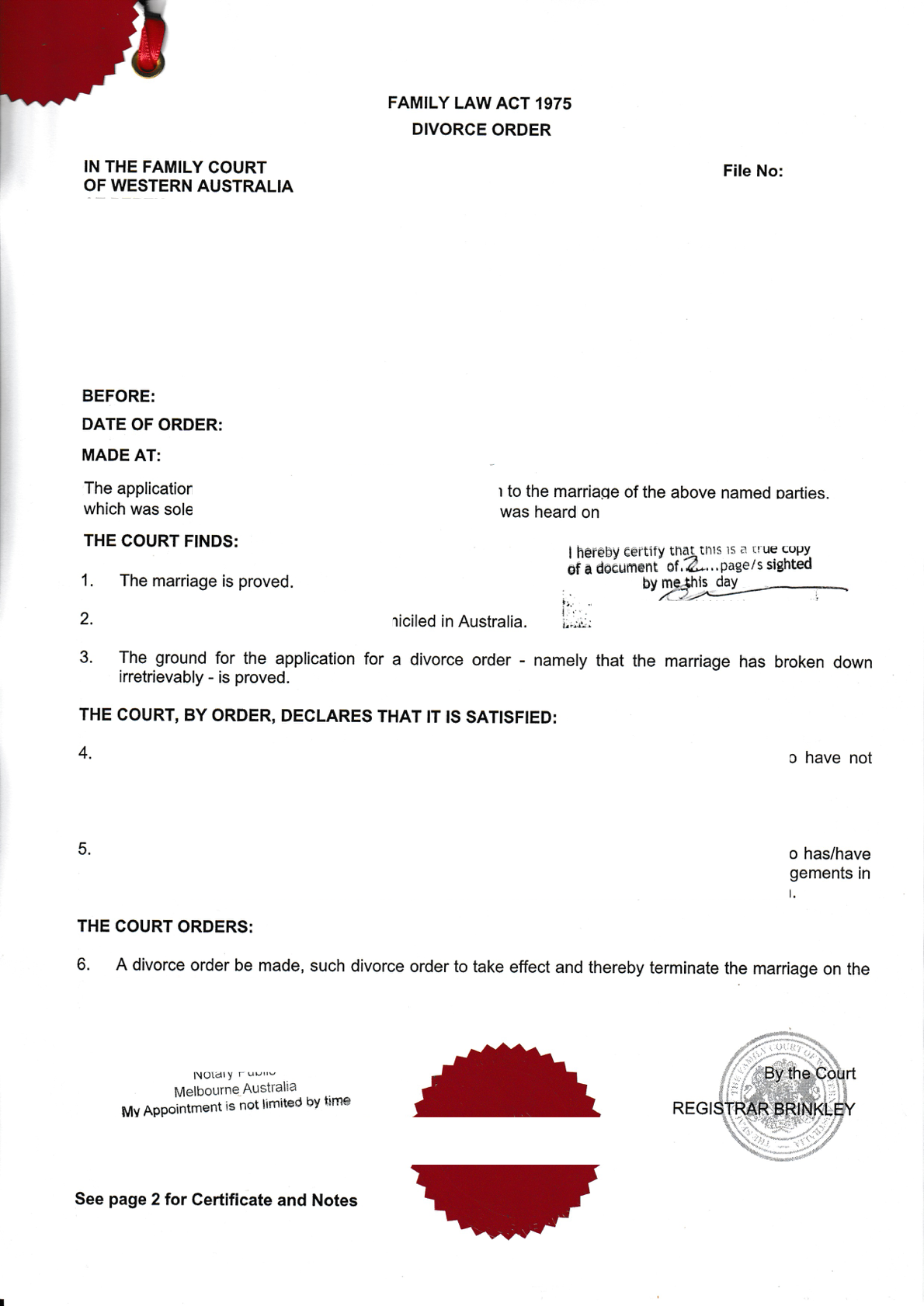 Australian Divorce Order for Overseas Use page 1