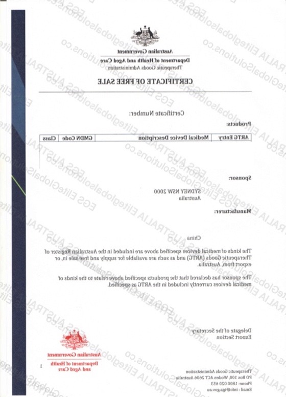 Australian Certificate of Free Sale for Use in UAE redacted document sample preview