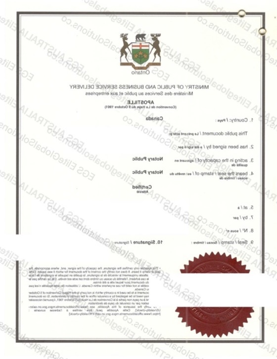 Canada-issued Apostille Certificate for Overseas Use - Sample 2 redacted document sample preview