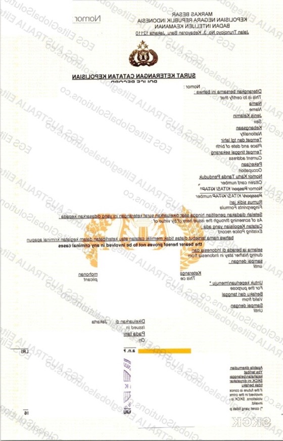 Indonesia-issued Police Check for Overseas Use redacted document sample preview