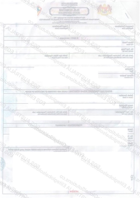 Malaysia-issued Legalisation Certificate for Consular Use - Sample 1 redacted document sample preview