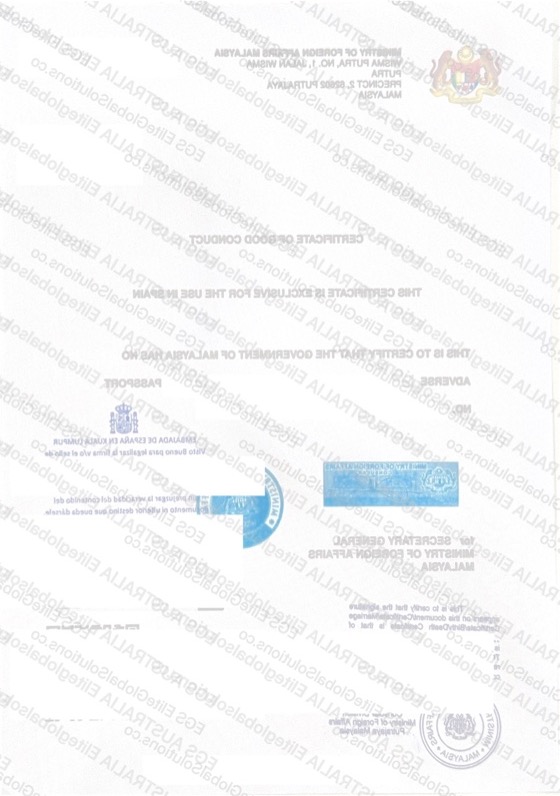 Malaysia-issued Police Check for Consular Use redacted document sample preview