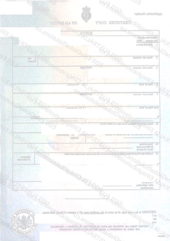 UK-issued Birth Certificate for Overseas Use redacted document sample preview