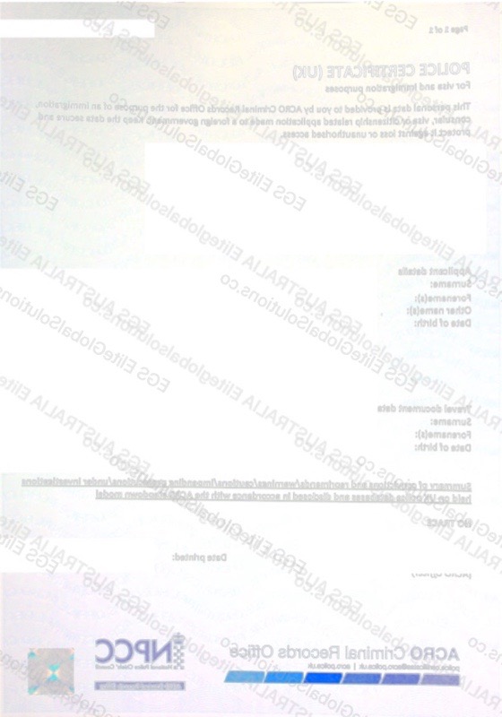 UK-issued Police Check for Overseas Use redacted document sample preview